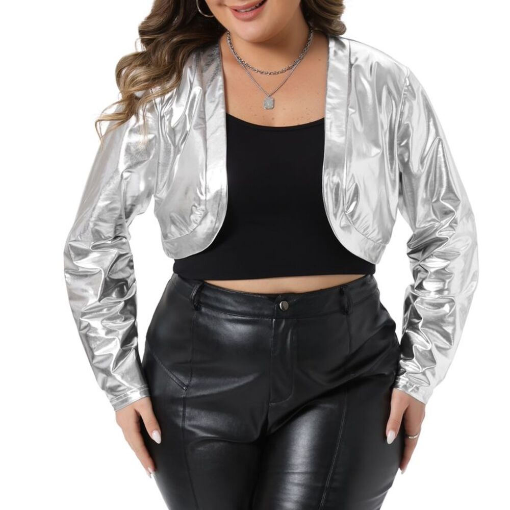 Women Plus Size Metallic Shrug Open Front Cropped Jackets Silver